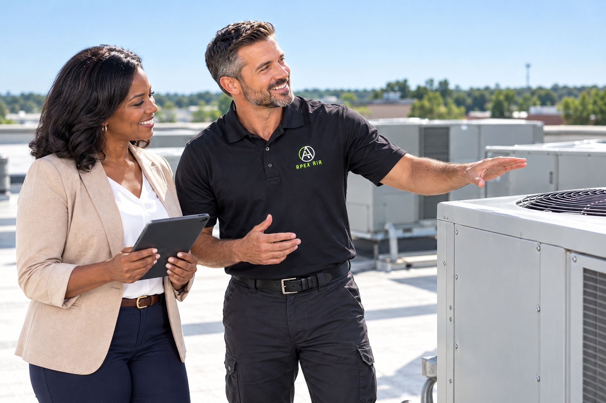An Apex Air technician reviews rooftop HVAC units with a property manager
