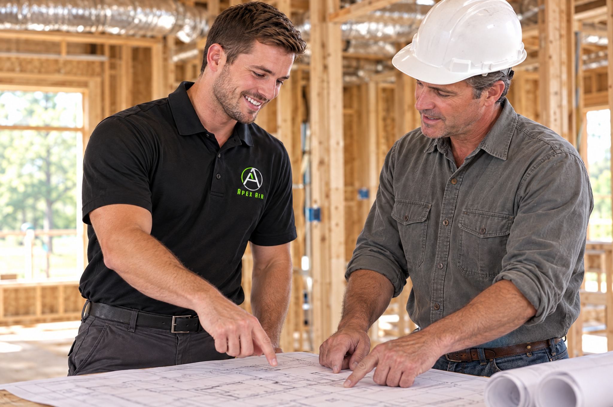 An Apex Air technician reviews plans with a builder inside a home under construction