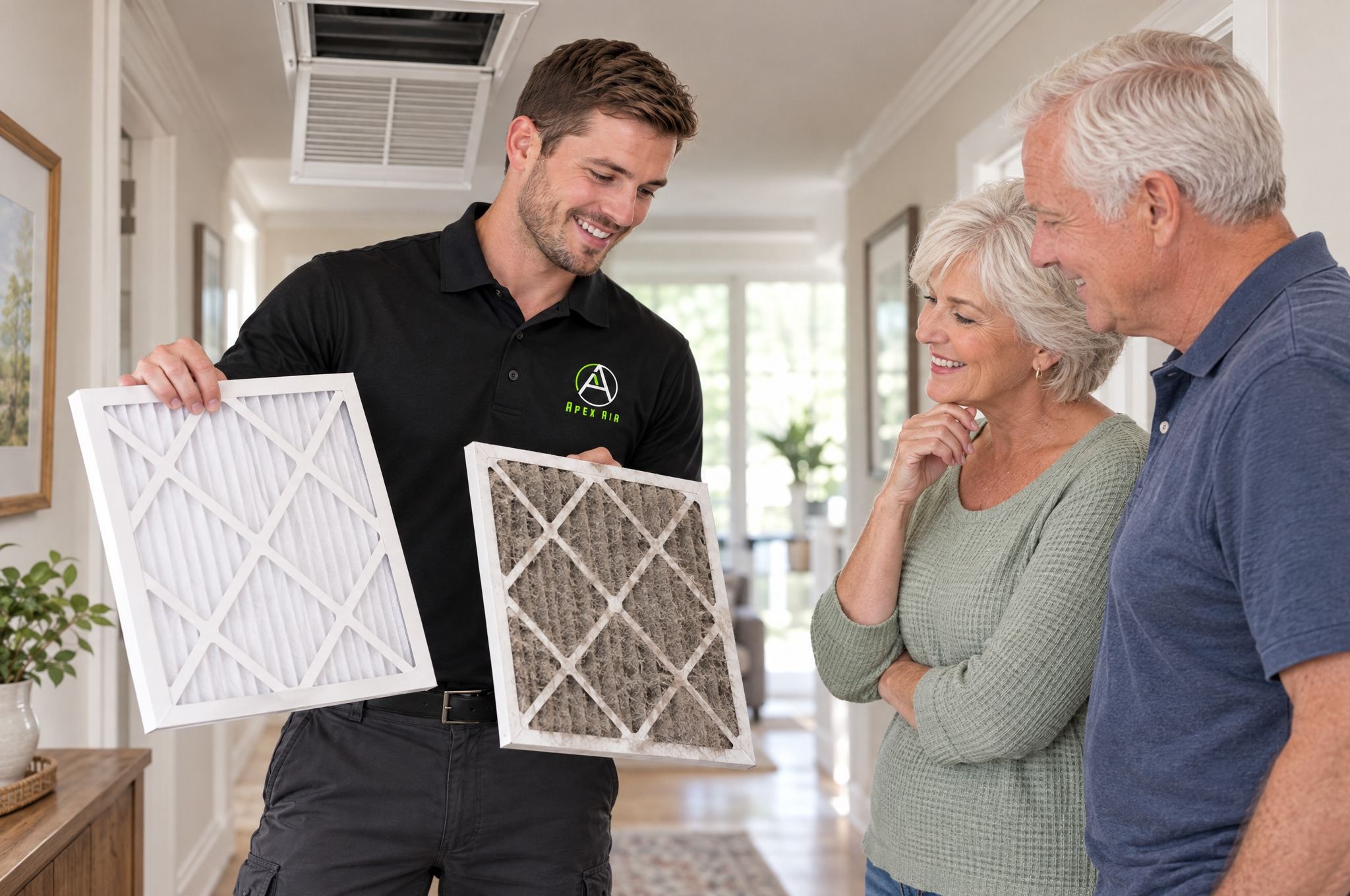 An Apex Air technician compares a clean and a dirty air filter for two homeowners