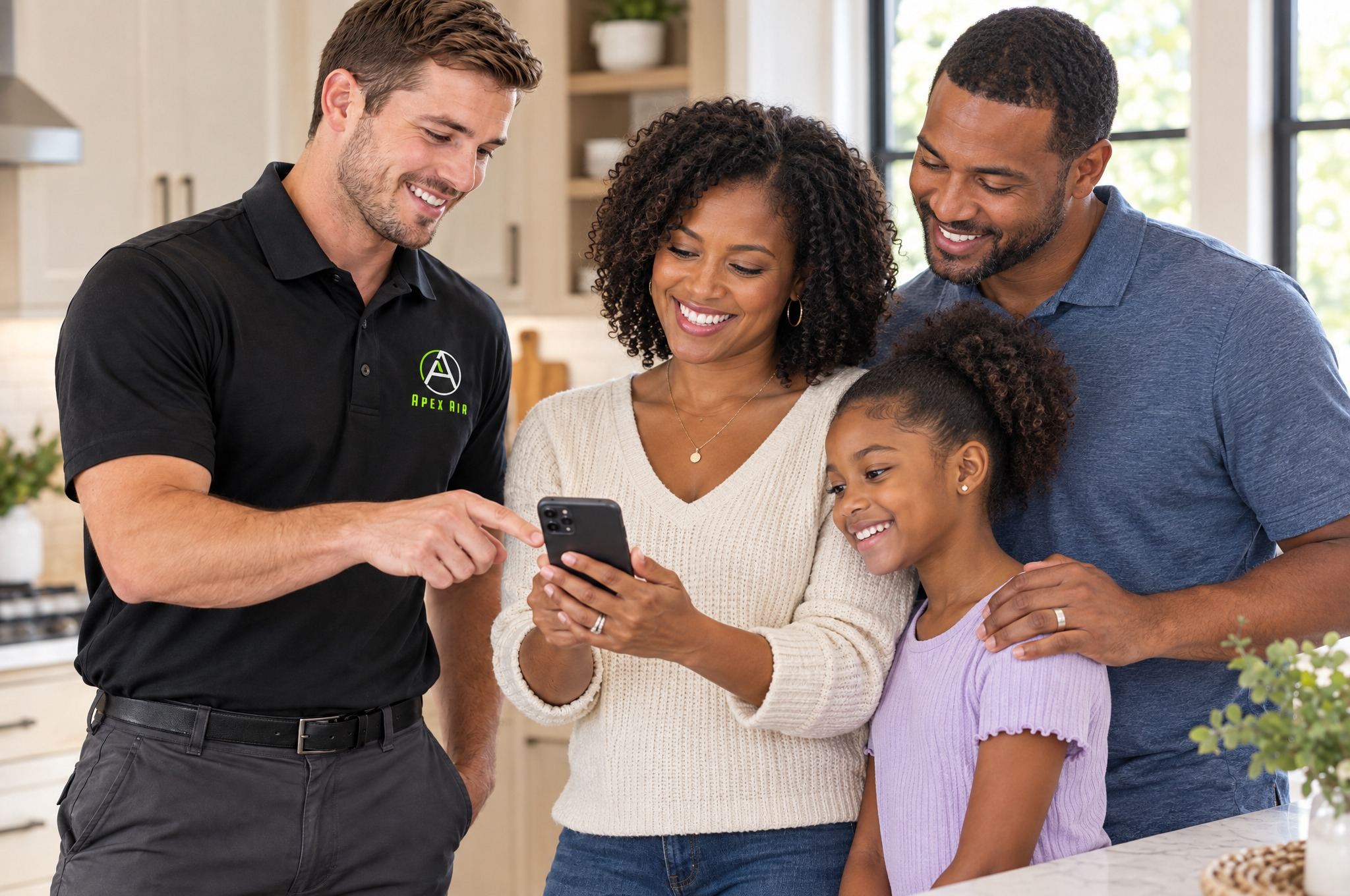 An Apex Air technician shows a family their options on a phone in their kitchen