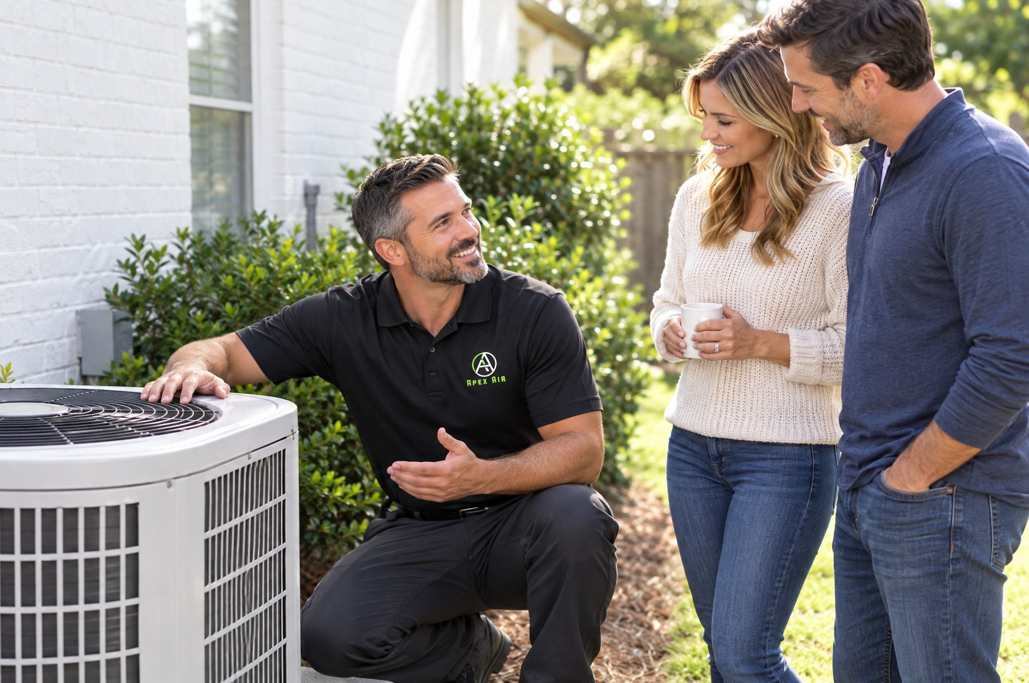 An Apex Air technician explains an outdoor AC unit to two homeowners
