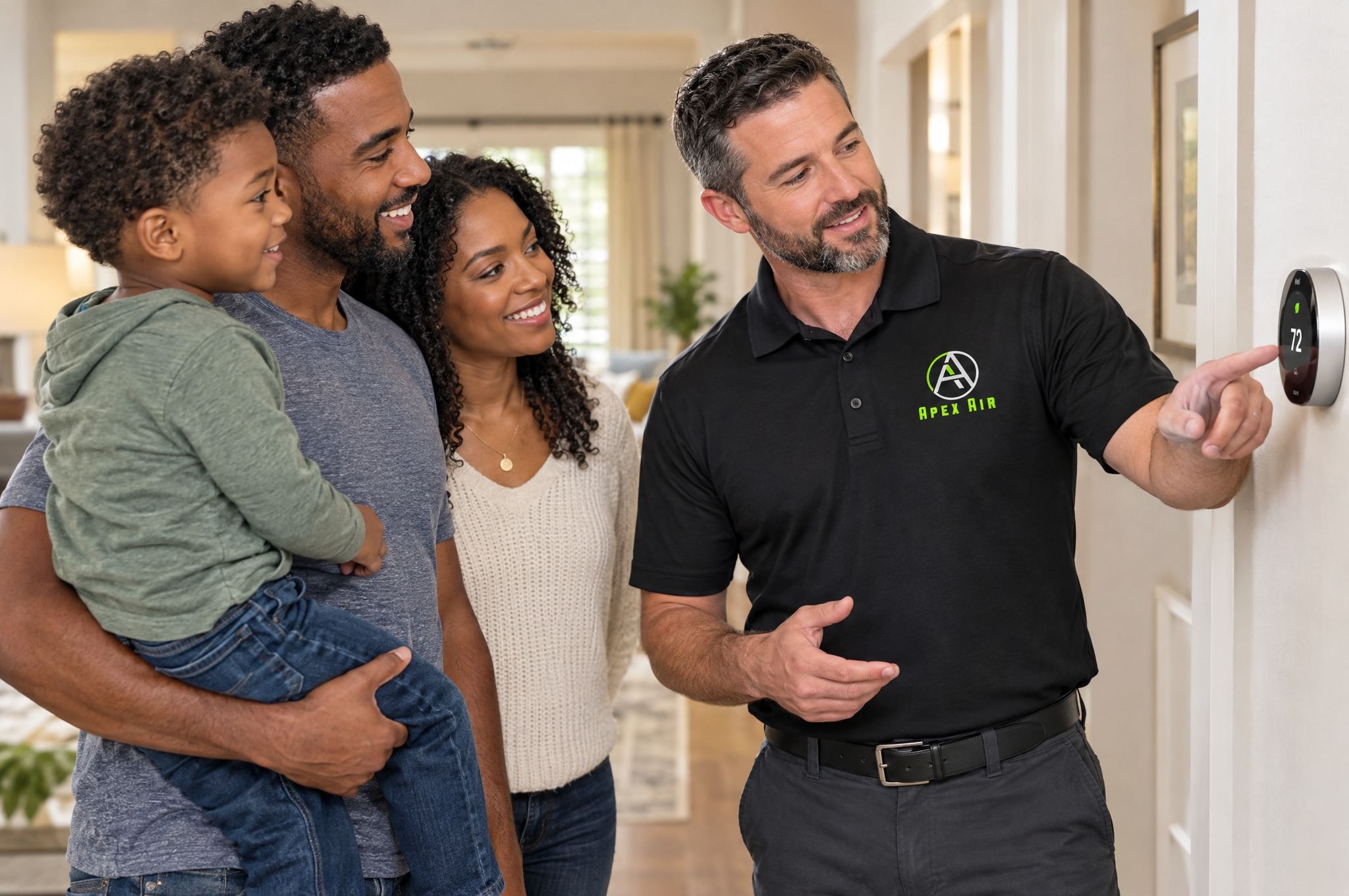 An Apex Air technician explains a thermostat to a family in their hallway
